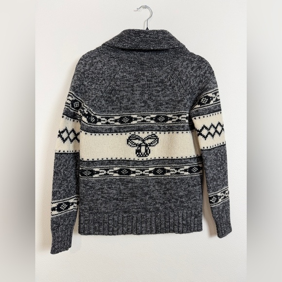 TNA Lambswool Fair Isle Zip Cardigan Sweater Ram Motif Grey Cream Size Small - Picture 10 of 16